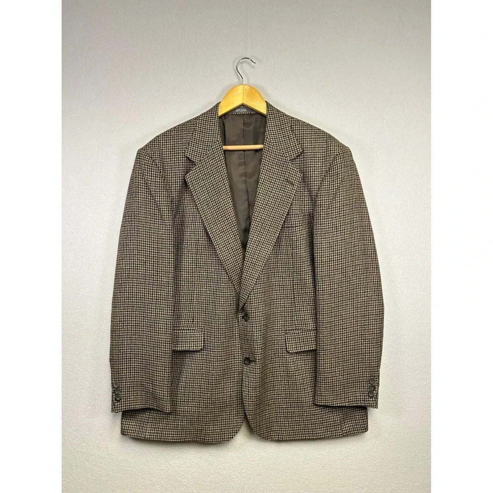 Dark Academia Haggar Mens 42 Brown Houndstooth 2 Button Sport Coat Blazer‎ USA